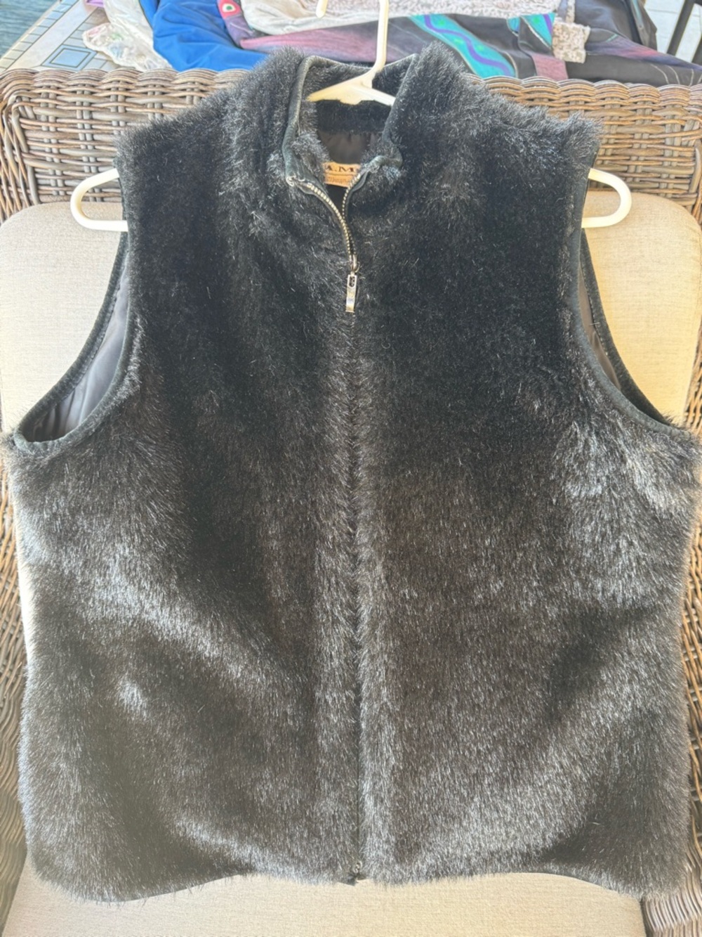 Plush Black Faux-Fur Sleeveless Zip Vest
